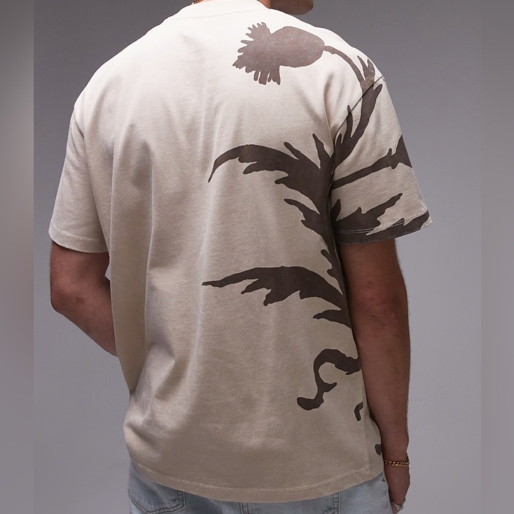 Topman Cream Oversized T-Shirt Size Large with Floral Accents on Front and Back